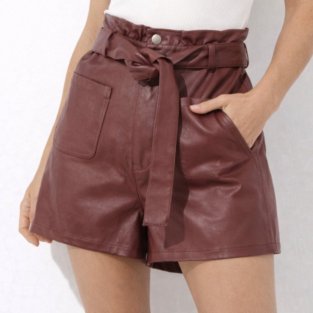 NEW w/ TAGS ALYA Burgundy Vegan Leather Paperbag Tie Waist Shorts Women Large